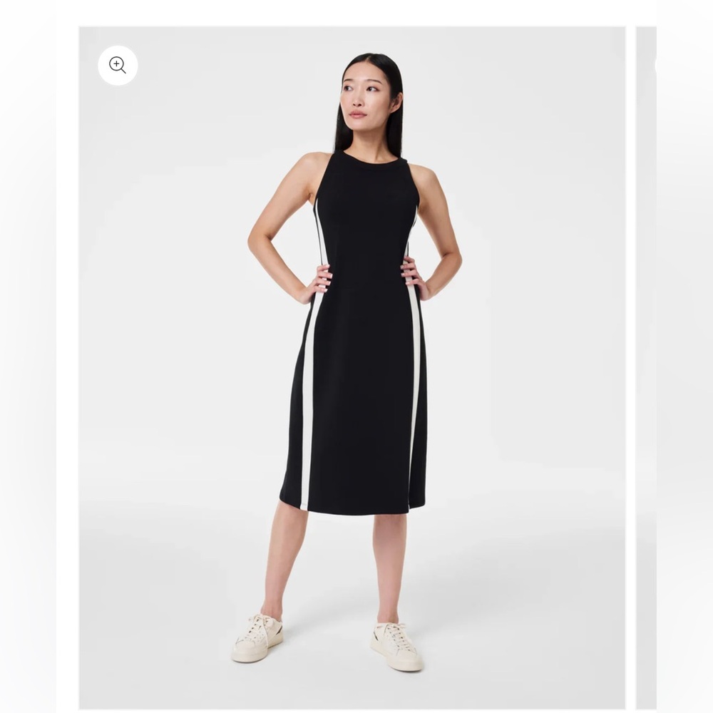 SPANX Black Midi Dress with Cream Side Stripes